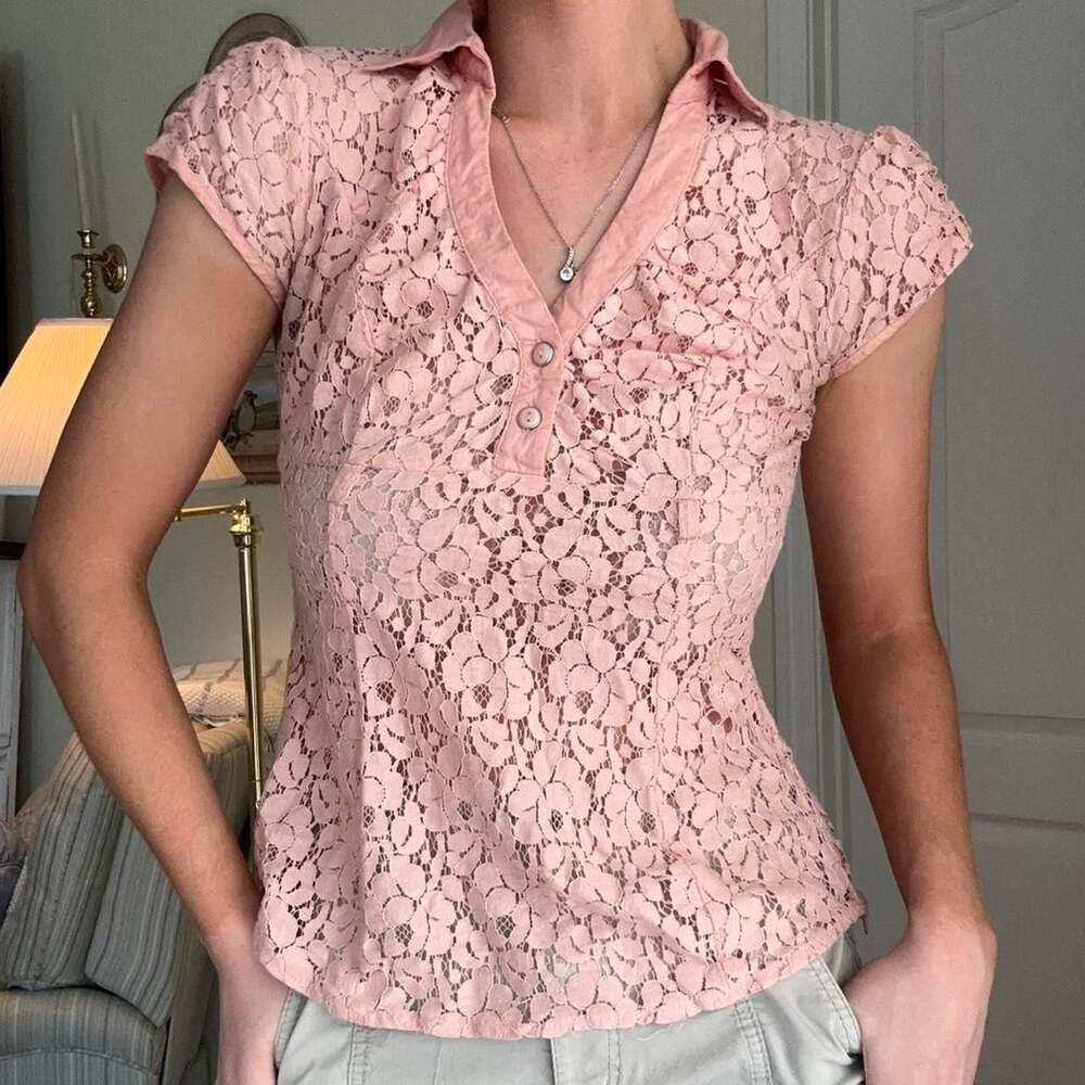 Vintage Pink Floral Lace Button-Up Blouse Size M